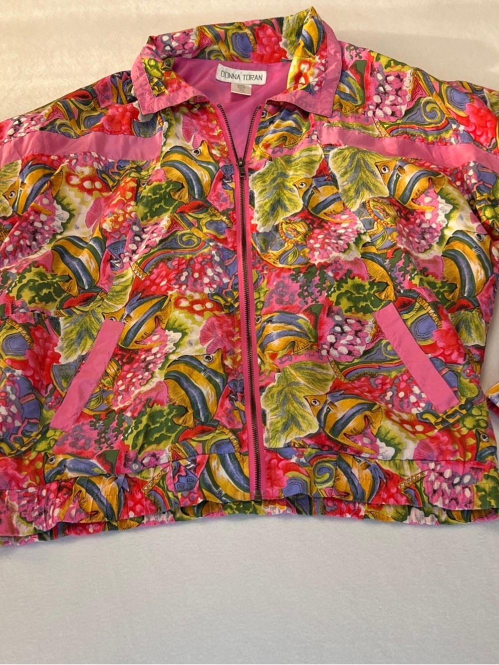 Vintage DONNA TORAN 100% Silk Sea Life Print Collared Bomber Jacket Oversized XS